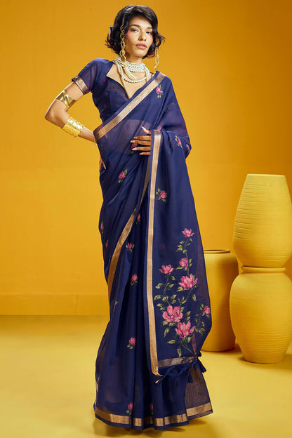 Phenomenal Navy Blue Pure Munga Cotton Saree With Comely Blouse Piece