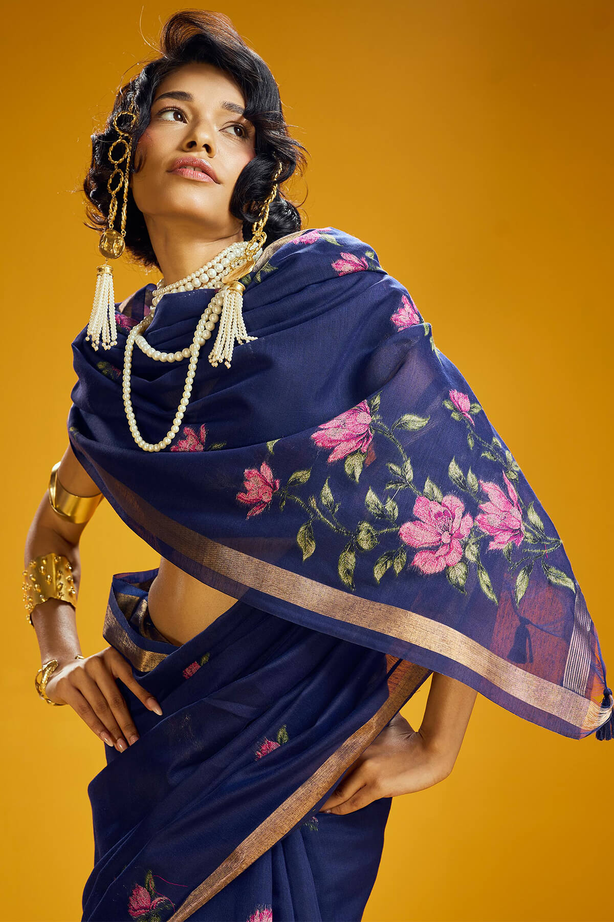 Phenomenal Navy Blue Pure Munga Cotton Saree With Comely Blouse Piece