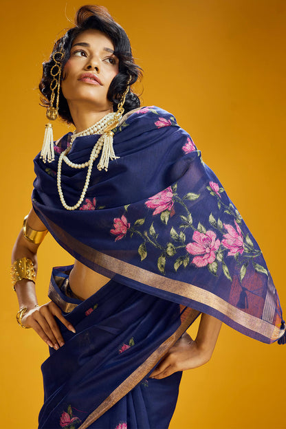 Phenomenal Navy Blue Pure Munga Cotton Saree With Comely Blouse Piece