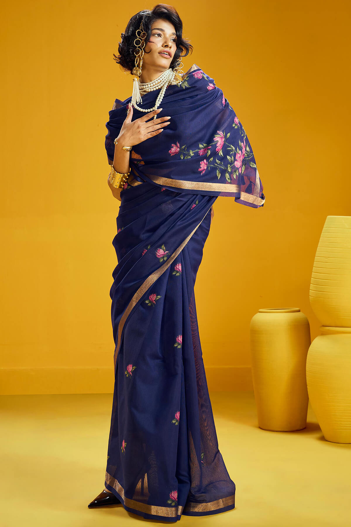 Phenomenal Navy Blue Pure Munga Cotton Saree With Comely Blouse Piece