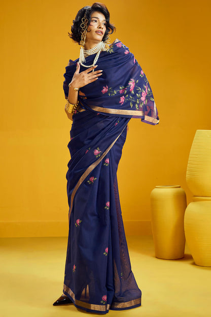 Phenomenal Navy Blue Pure Munga Cotton Saree With Comely Blouse Piece
