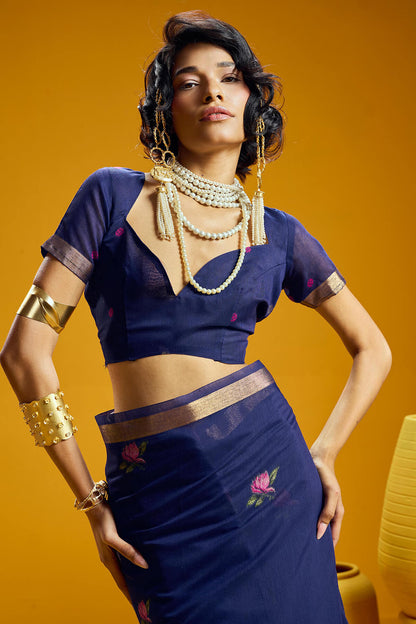 Phenomenal Navy Blue Pure Munga Cotton Saree With Comely Blouse Piece