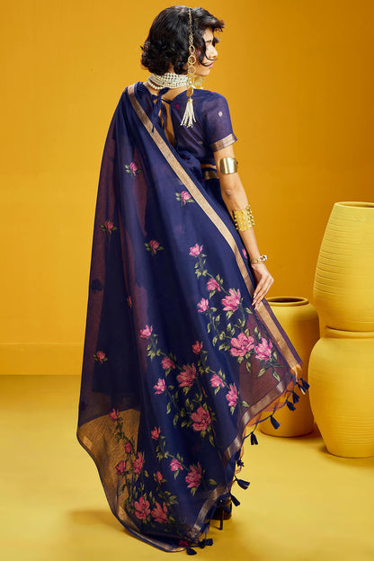Phenomenal Navy Blue Pure Munga Cotton Saree With Comely Blouse Piece