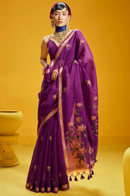 Diaphanous Purple Pure Munga Cotton Saree With Radiant Blouse Piece