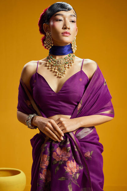 Diaphanous Purple Pure Munga Cotton Saree With Radiant Blouse Piece