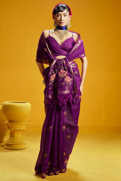 Diaphanous Purple Pure Munga Cotton Saree With Radiant Blouse Piece