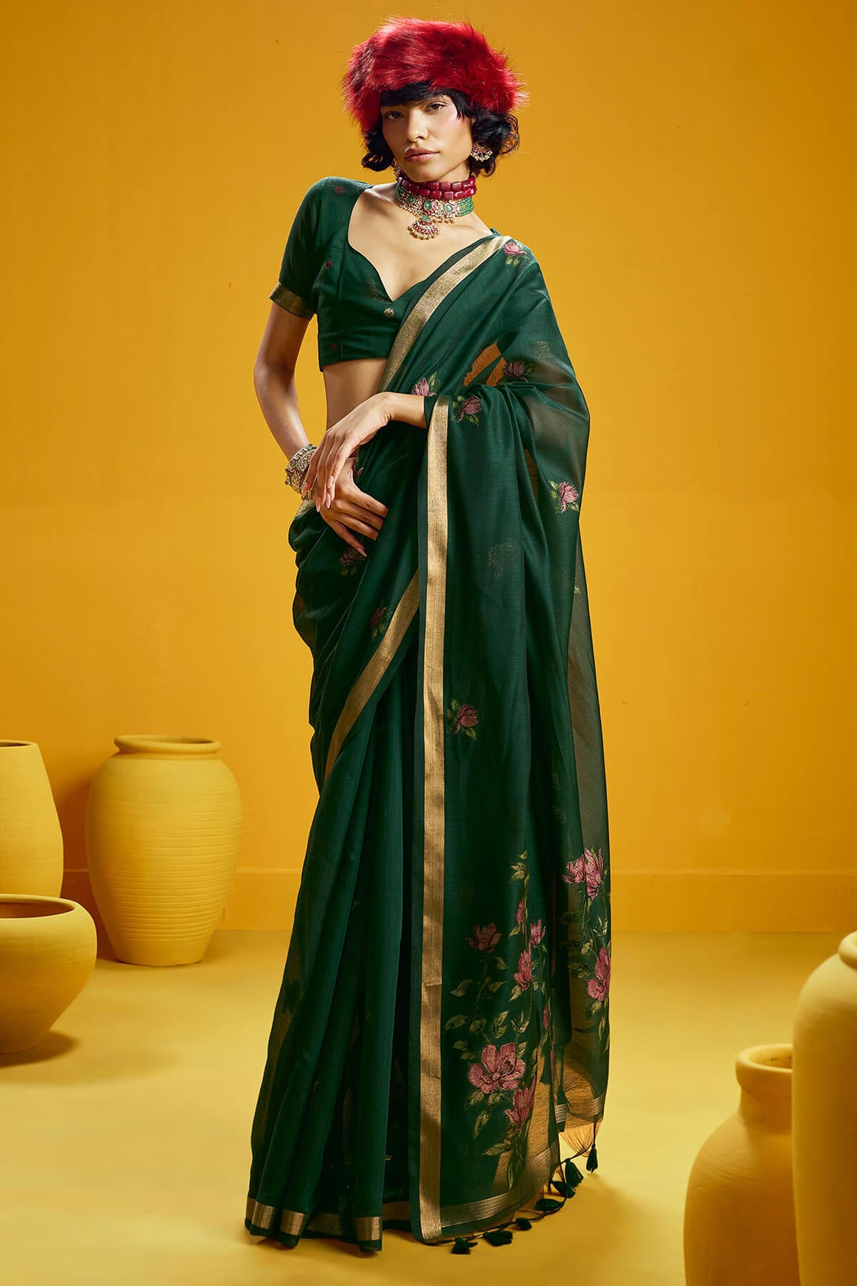 Magnetic Dark Green Pure Munga Cotton Saree With Panache Blouse Piece