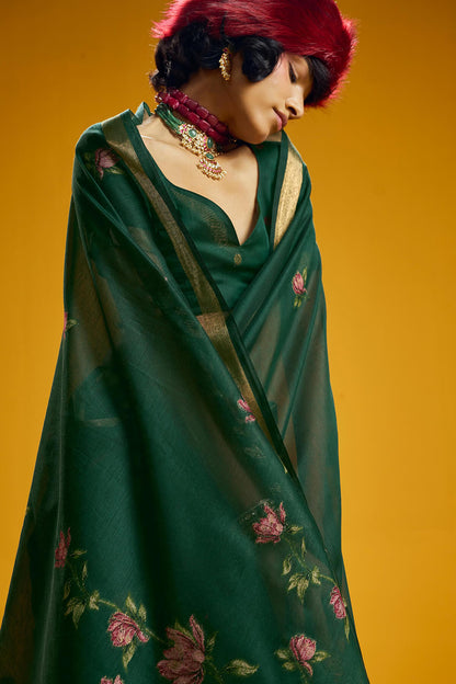 Magnetic Dark Green Pure Munga Cotton Saree With Panache Blouse Piece