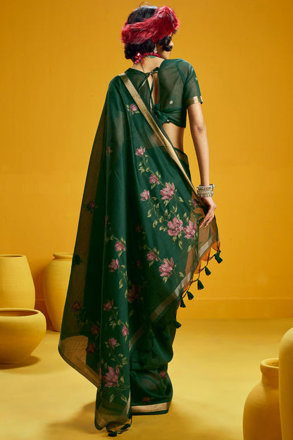 Magnetic Dark Green Pure Munga Cotton Saree With Panache Blouse Piece
