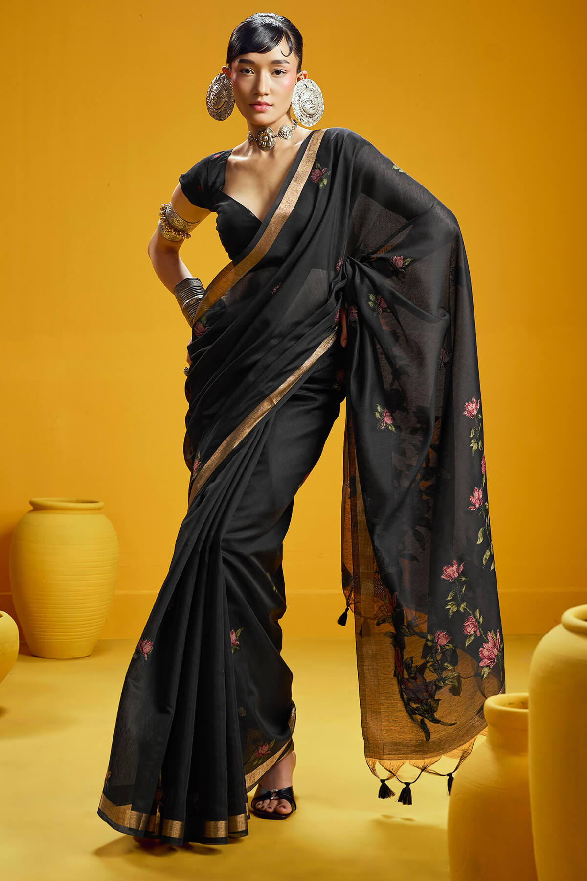 Classy Black Pure Munga Cotton Saree With Assemblage Blouse Piece