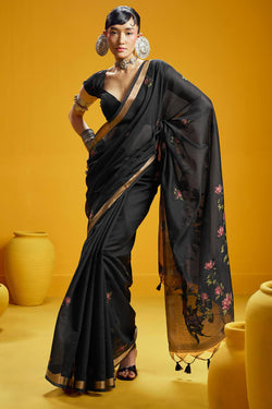 Classy Black Pure Munga Cotton Saree With Assemblage Blouse Piece
