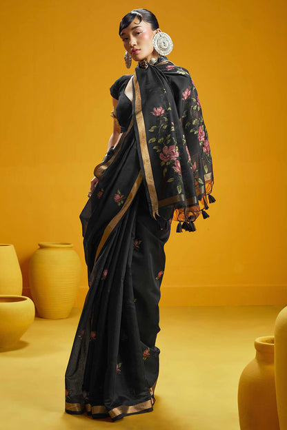 Classy Black Pure Munga Cotton Saree With Assemblage Blouse Piece