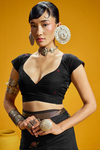 Classy Black Pure Munga Cotton Saree With Assemblage Blouse Piece