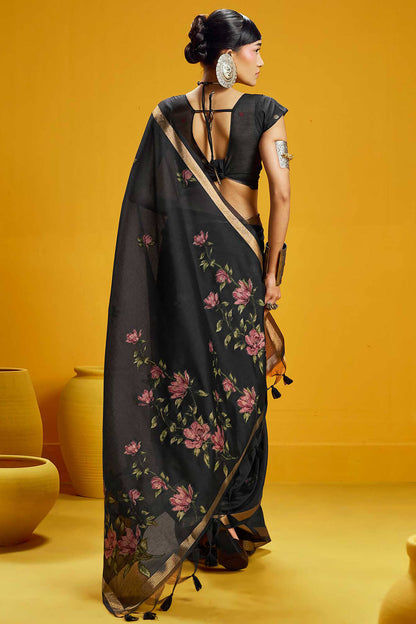 Classy Black Pure Munga Cotton Saree With Assemblage Blouse Piece