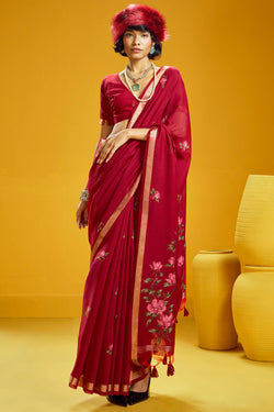 Scintillating Red Pure Munga Cotton Saree With Nectarous Blouse Piece
