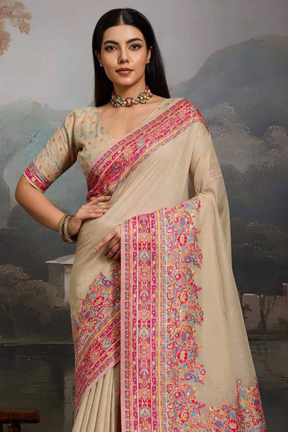 Scrumptious Dark Beige Pashmina saree With Chatoyant Blouse Piece