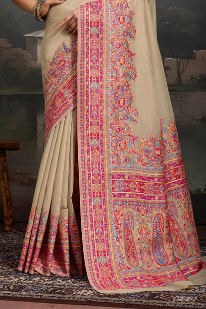 Scrumptious Dark Beige Pashmina saree With Chatoyant Blouse Piece