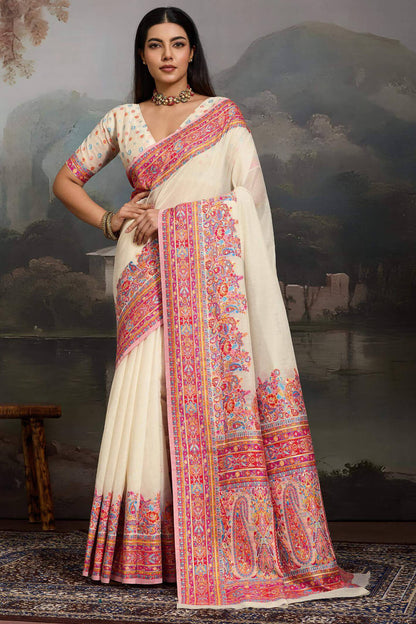 Serendipity Beige Pashmina saree With Luxuriant Blouse Piece