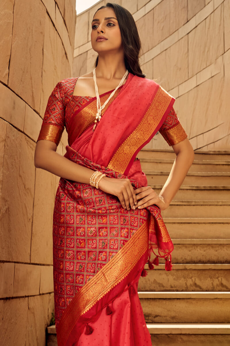 Breathtaking Red Patola Silk Saree with Intricate Blouse Piece