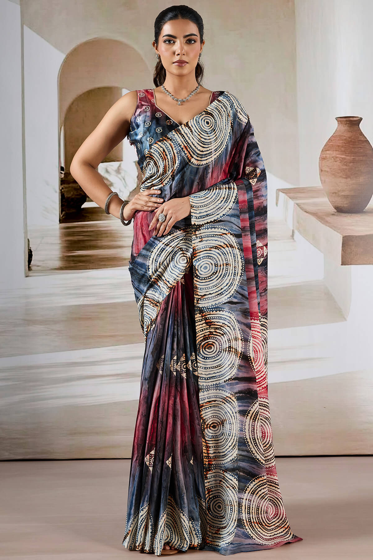 Attractive Grey Digital Printed Satin Silk Saree With Deserving Blouse Piece