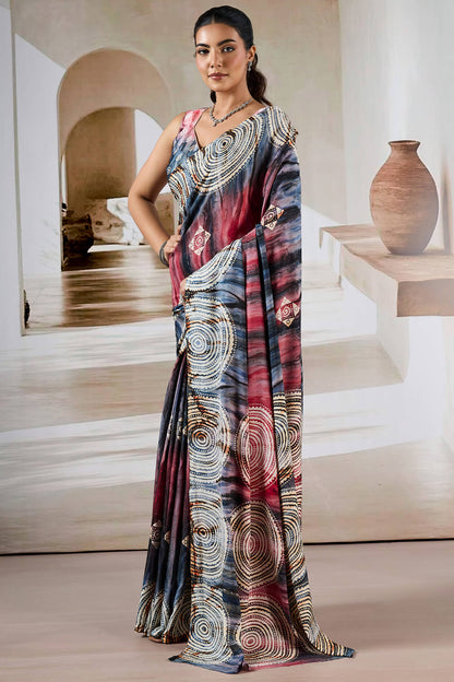 Attractive Grey Digital Printed Satin Silk Saree With Deserving Blouse Piece