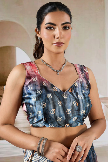 Attractive Grey Digital Printed Satin Silk Saree With Deserving Blouse Piece