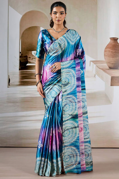 Attractive Blue Digital Printed Satin Silk Saree With Fantabulous Blouse Piece