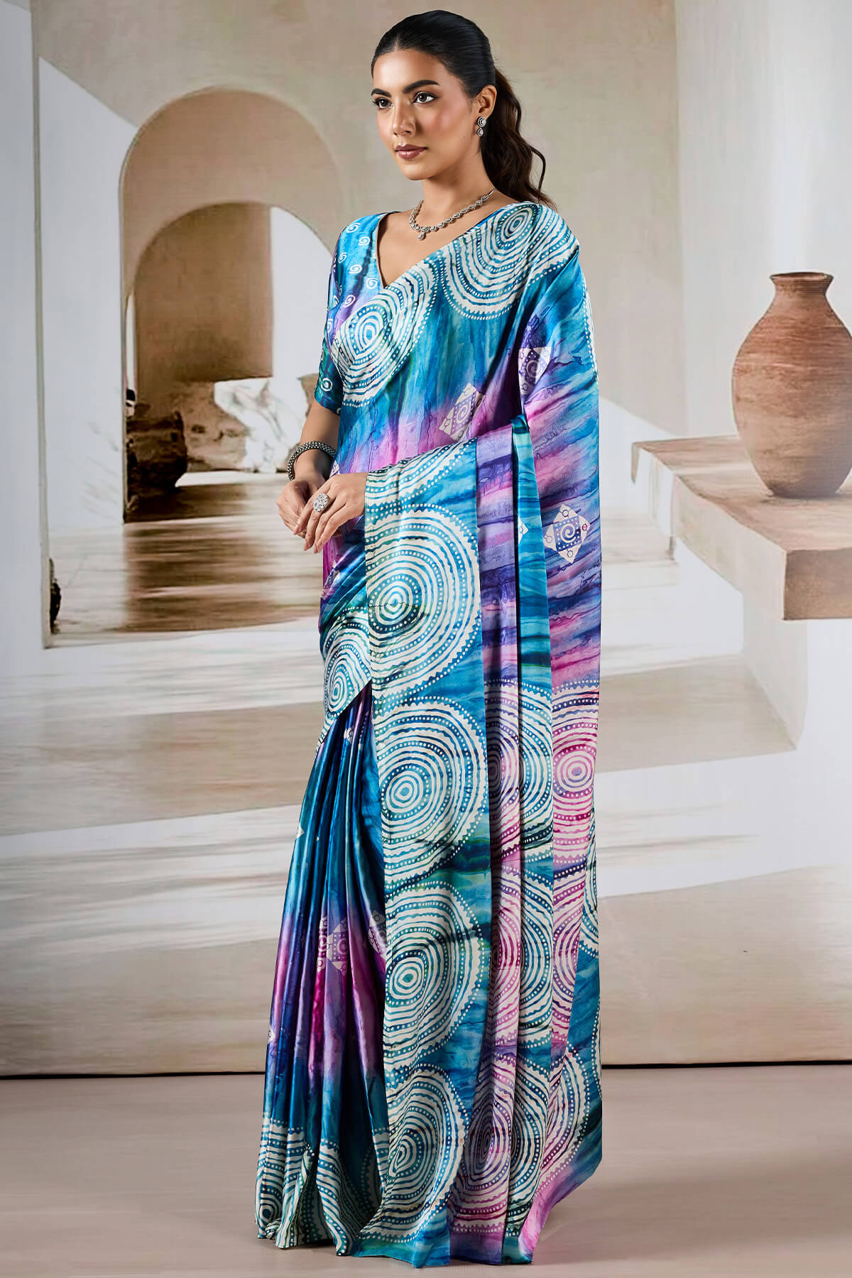 Attractive Blue Digital Printed Satin Silk Saree With Fantabulous Blouse Piece