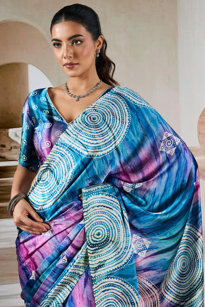 Attractive Blue Digital Printed Satin Silk Saree With Fantabulous Blouse Piece