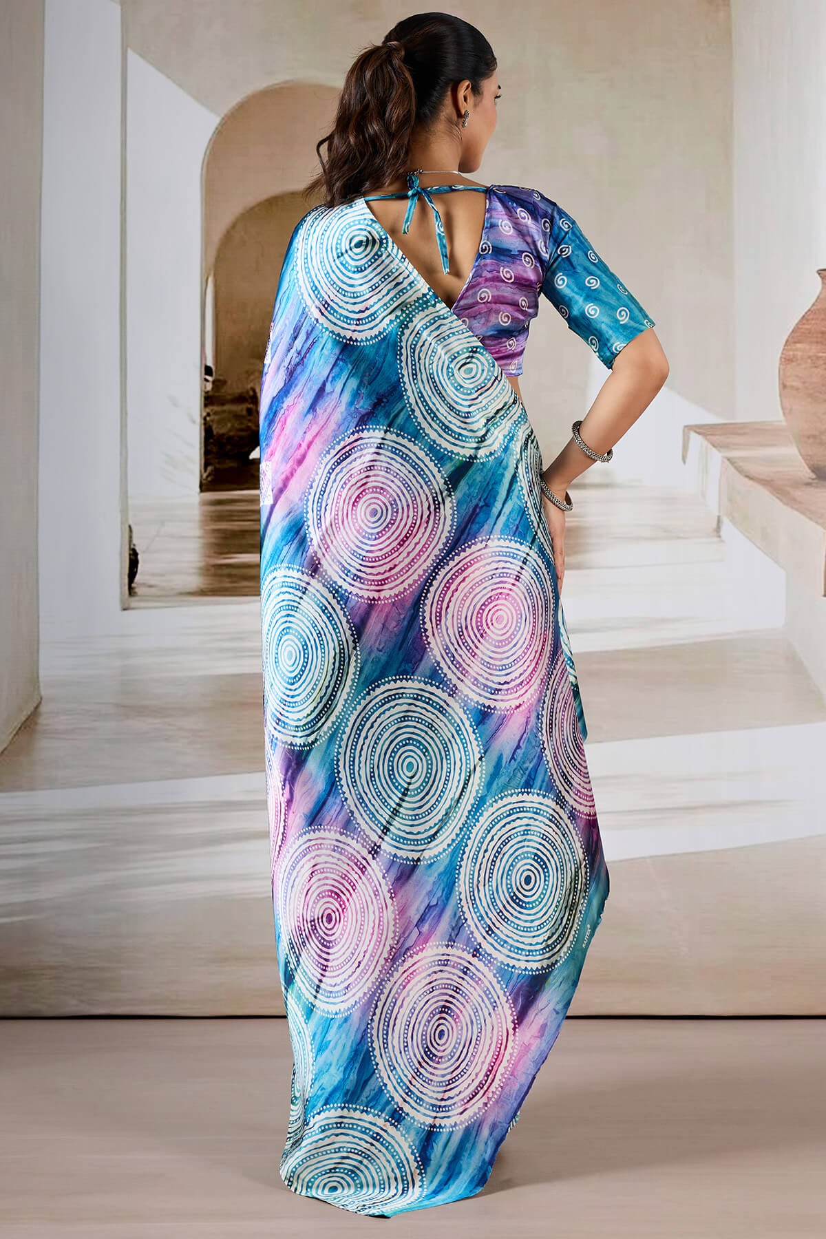 Attractive Blue Digital Printed Satin Silk Saree With Fantabulous Blouse Piece