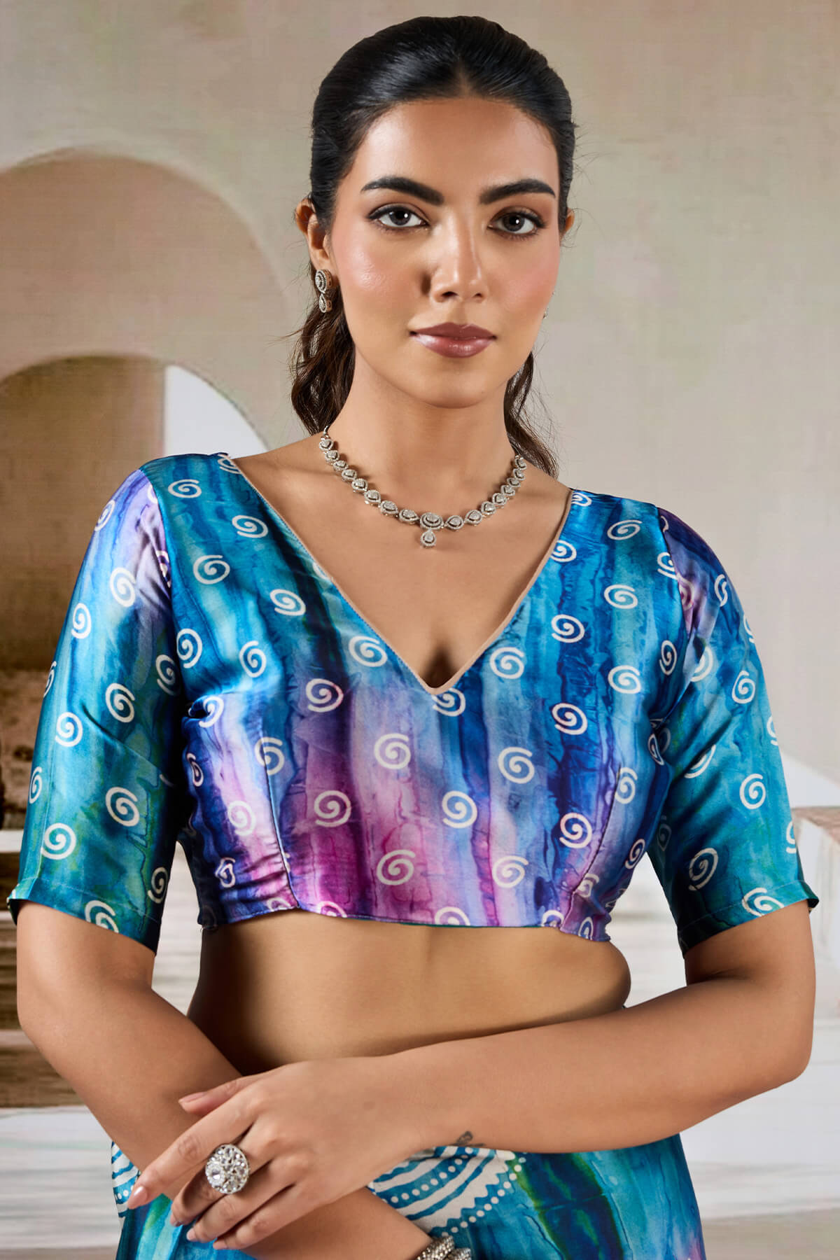 Attractive Blue Digital Printed Satin Silk Saree With Fantabulous Blouse Piece