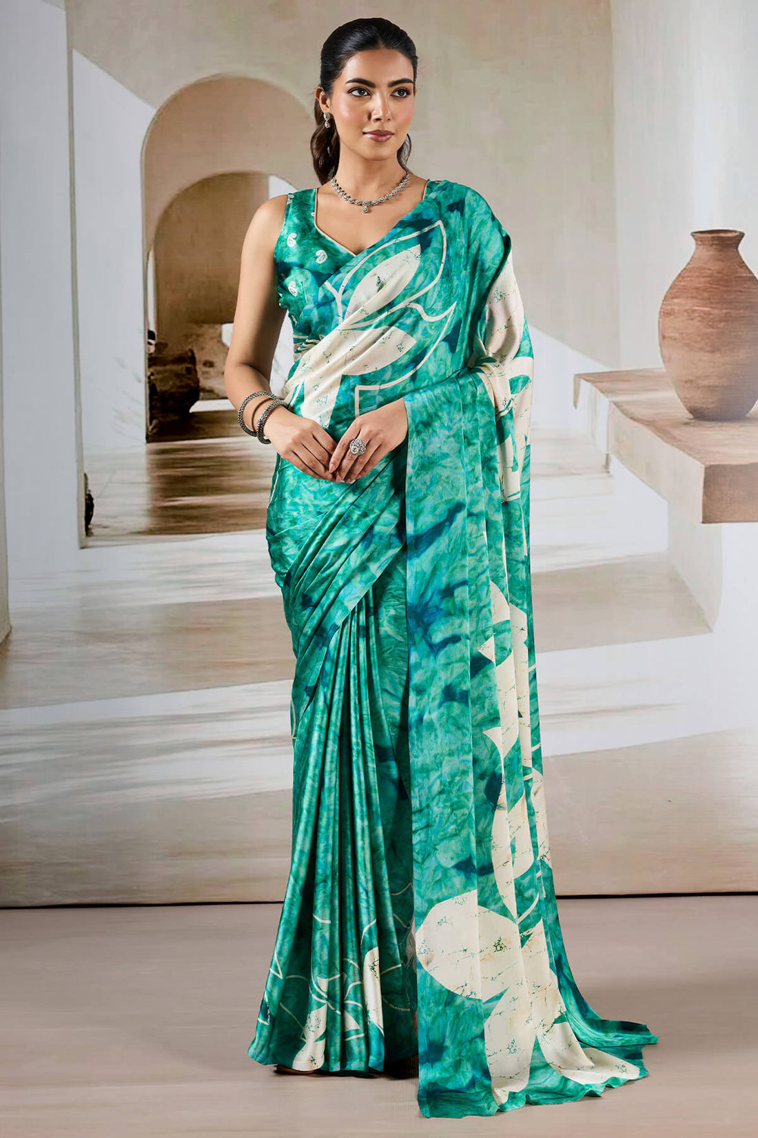Attractive Turquoise Digital Printed Satin Silk Saree With Amazing Blouse Piece