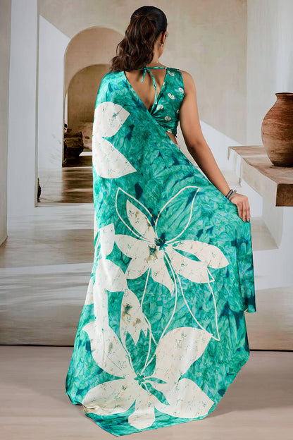 Attractive Turquoise Digital Printed Satin Silk Saree With Amazing Blouse Piece