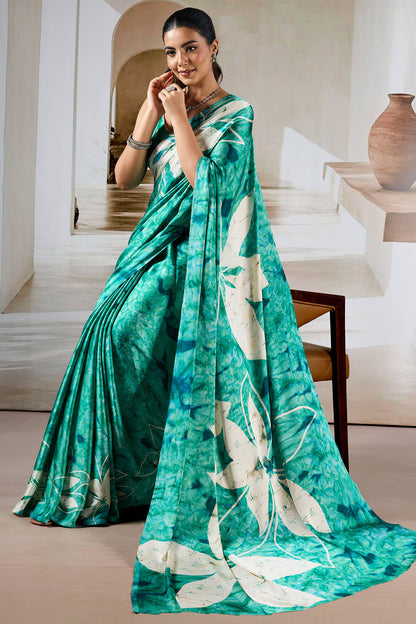 Attractive Turquoise Digital Printed Satin Silk Saree With Amazing Blouse Piece