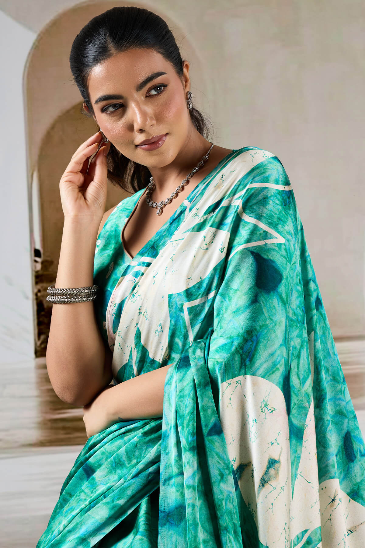 Attractive Turquoise Digital Printed Satin Silk Saree With Amazing Blouse Piece