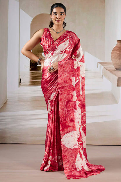Attractive Red Digital Printed Satin Silk Saree With Nebula Blouse Piece