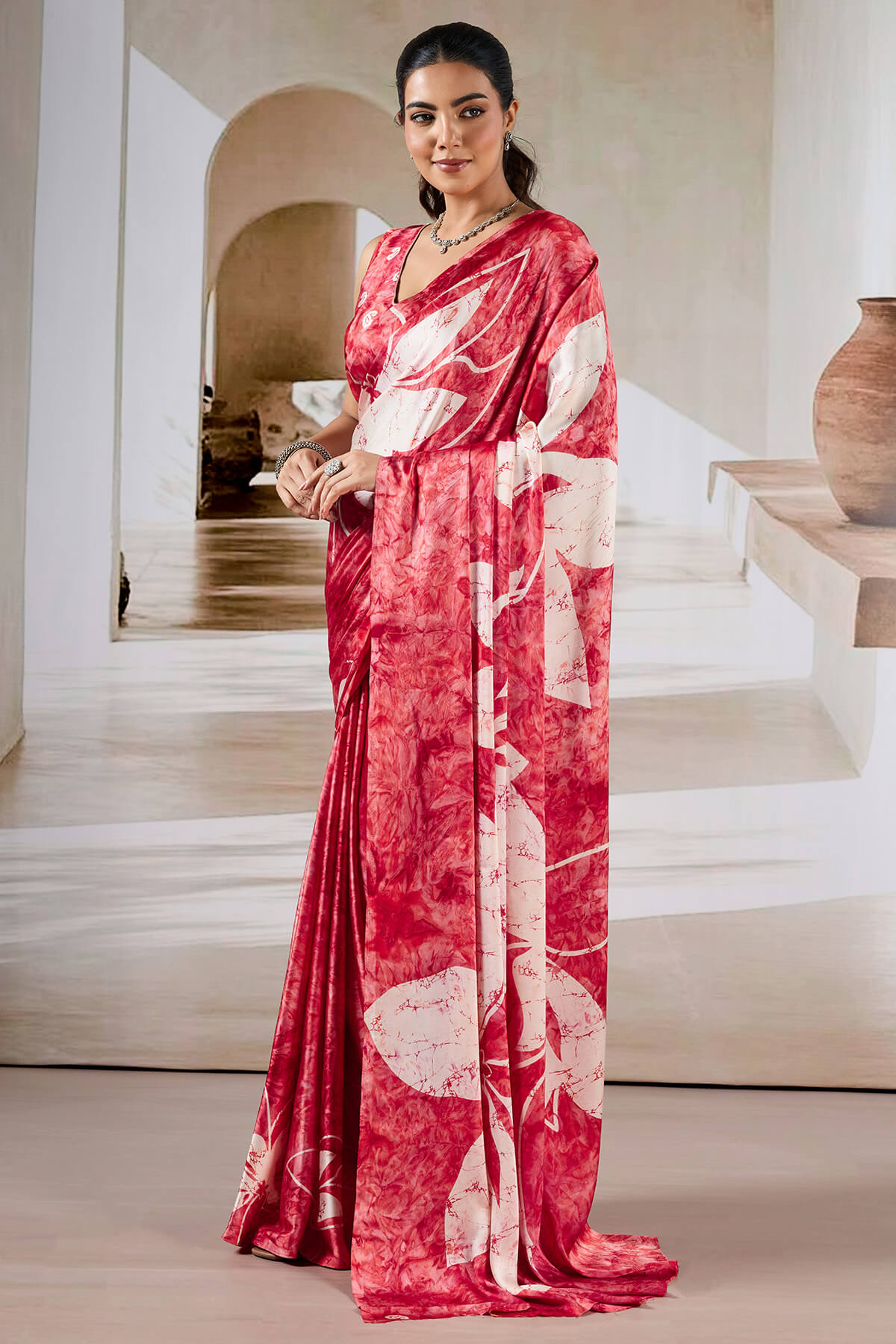 Attractive Red Digital Printed Satin Silk Saree With Nebula Blouse Piece