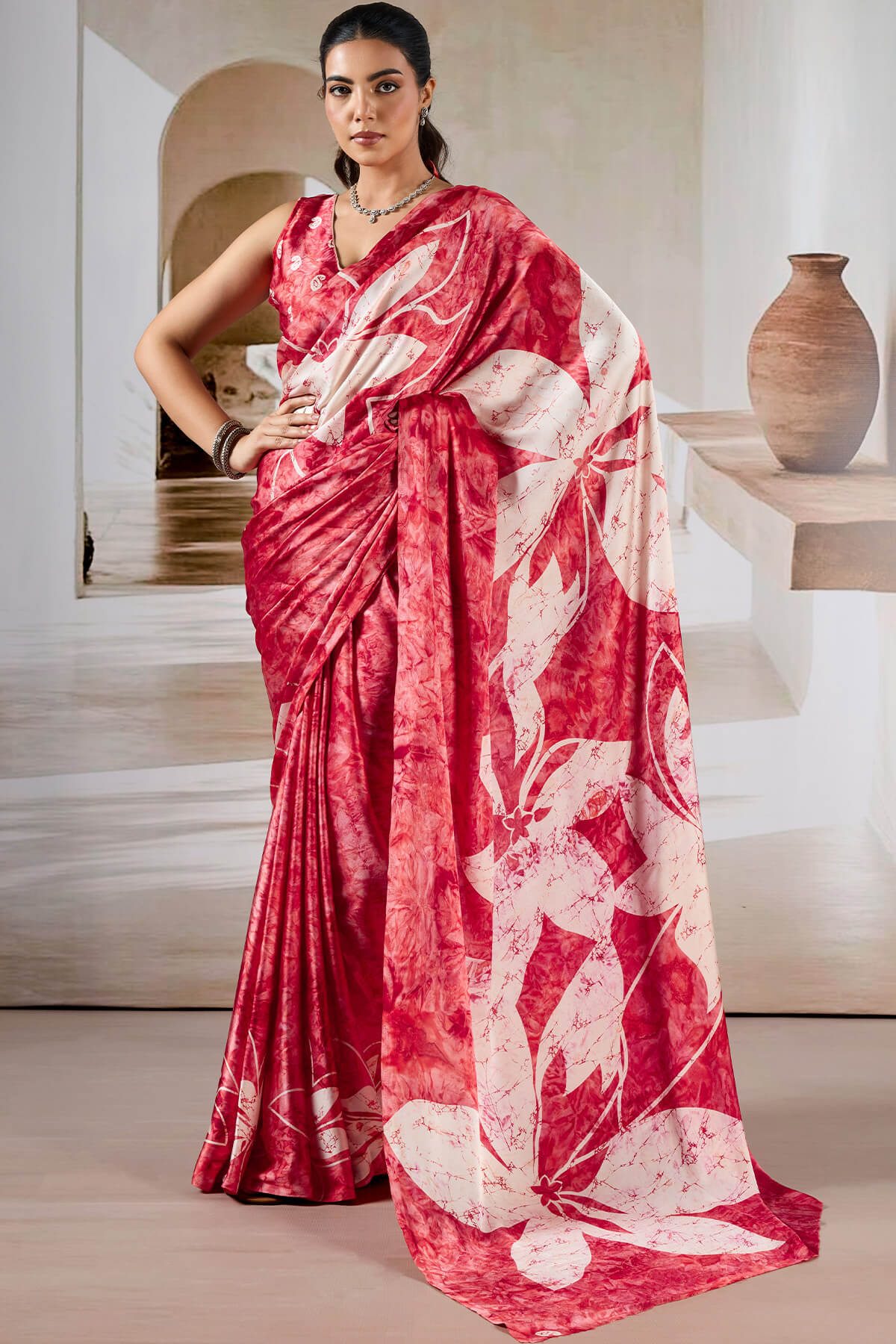 Attractive Red Digital Printed Satin Silk Saree With Nebula Blouse Piece