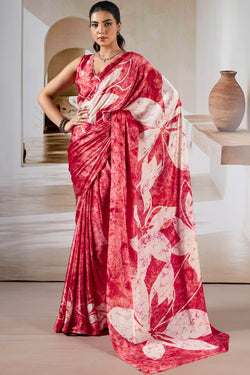 Attractive Red Digital Printed Satin Silk Saree With Nebula Blouse Piece