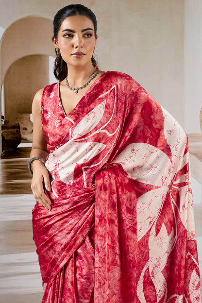 Attractive Red Digital Printed Satin Silk Saree With Nebula Blouse Piece