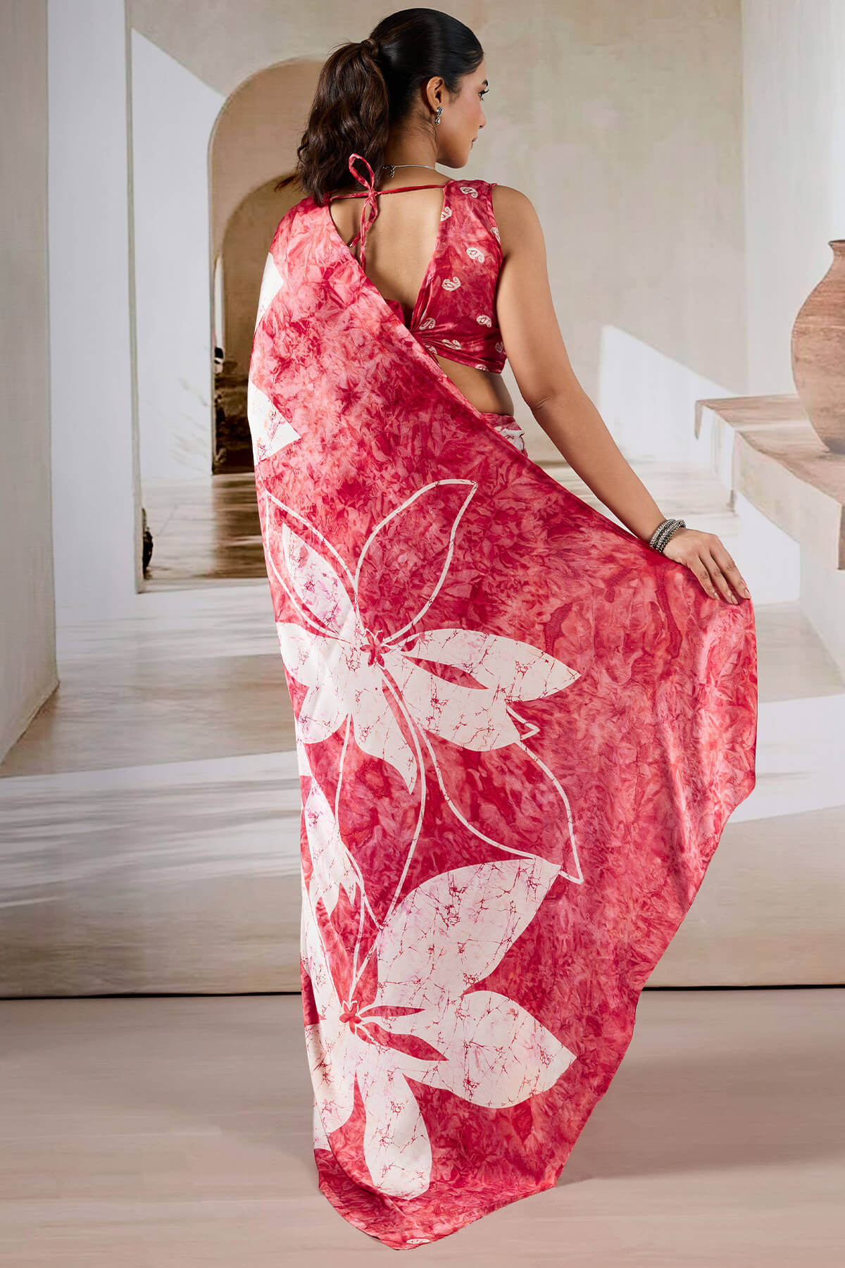 Attractive Red Digital Printed Satin Silk Saree With Nebula Blouse Piece