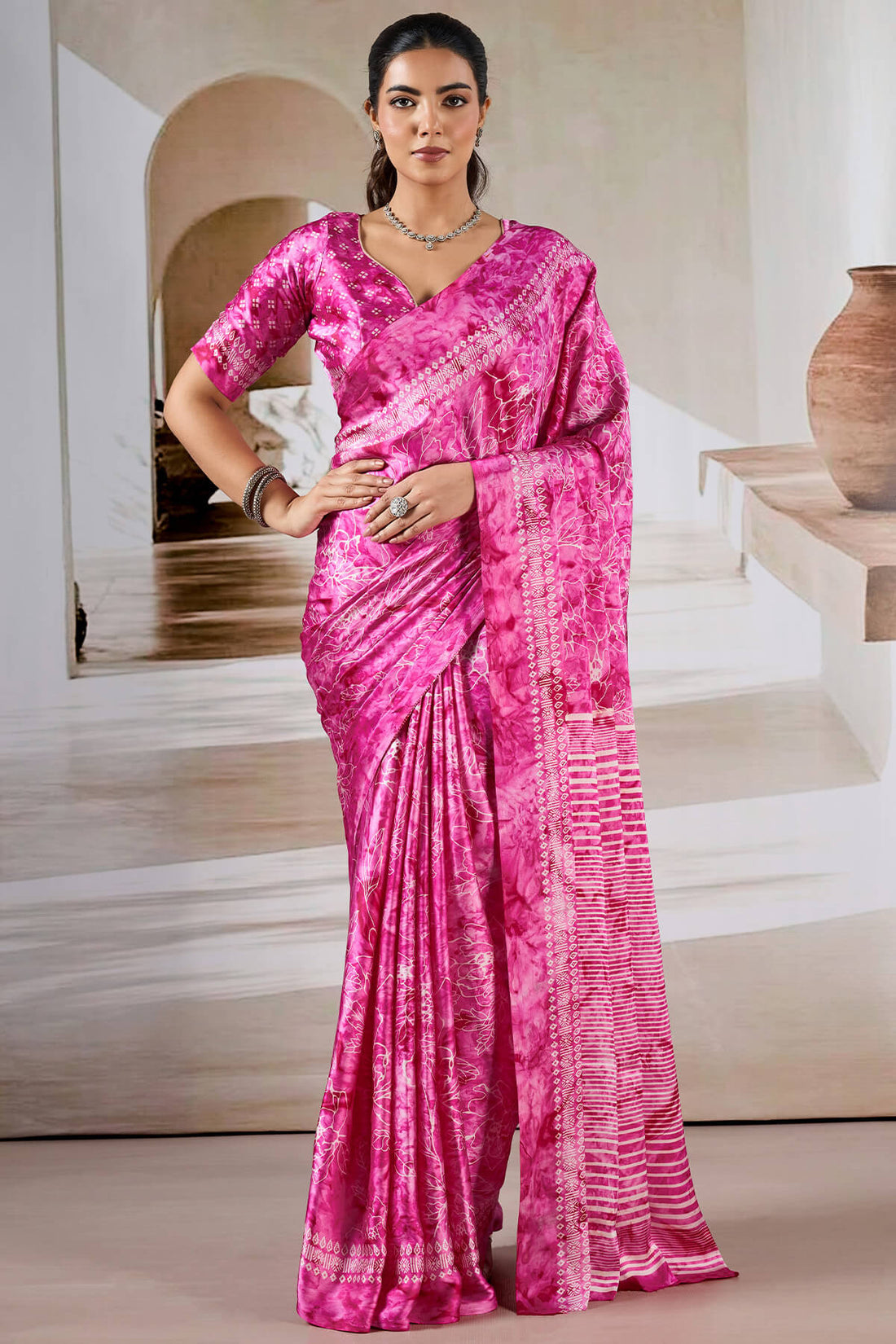 Attractive Dark Pink Digital Printed Satin Silk Saree With Arresting Blouse Piece