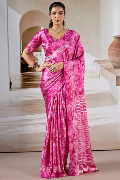 Attractive Dark Pink Digital Printed Satin Silk Saree With Arresting Blouse Piece