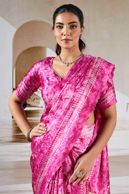 Attractive Dark Pink Digital Printed Satin Silk Saree With Arresting Blouse Piece