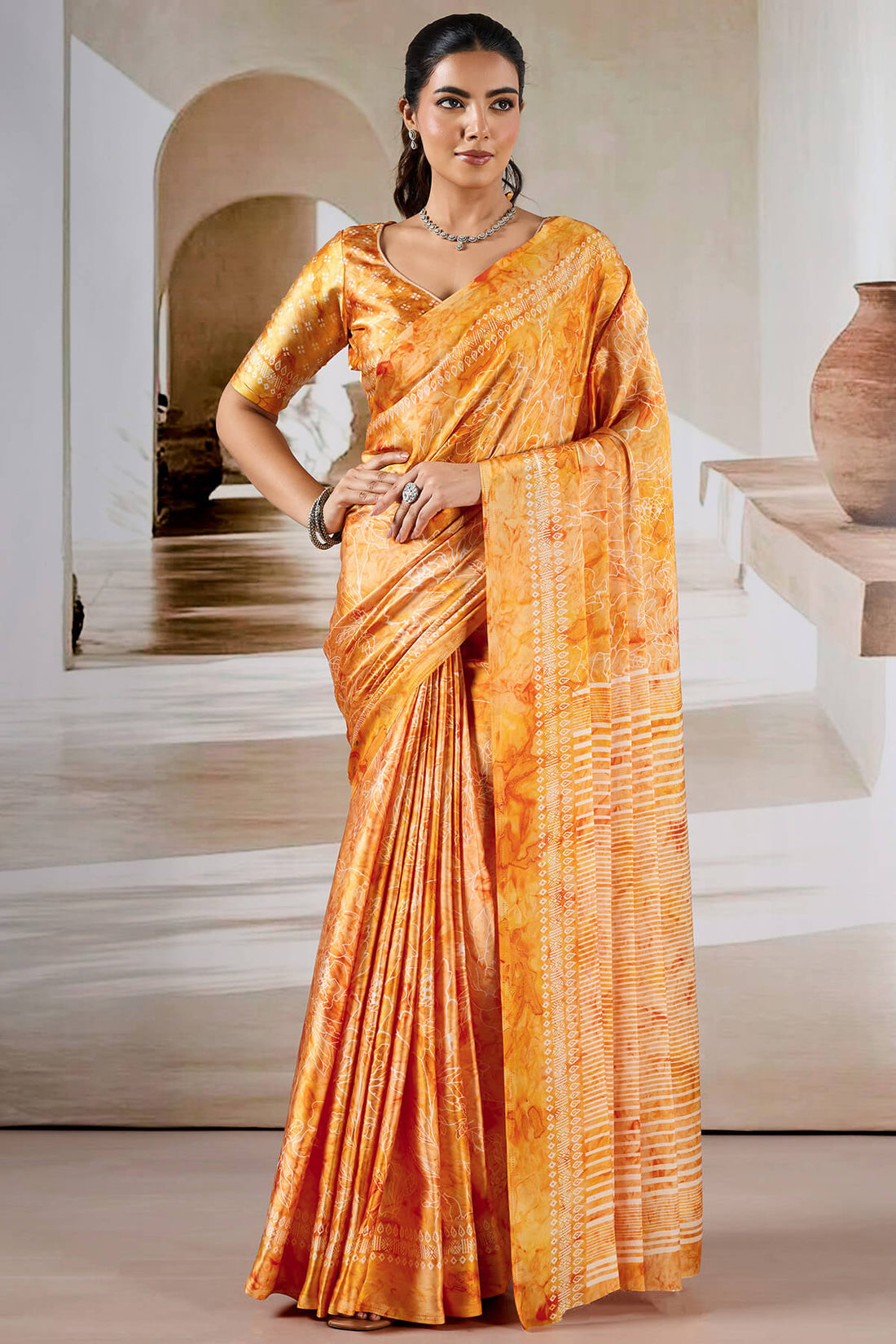 Attractive Yellow Digital Printed Satin Silk Saree With Divine Blouse Piece