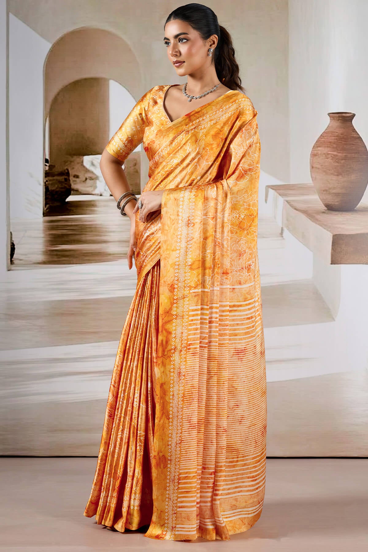 Attractive Yellow Digital Printed Satin Silk Saree With Divine Blouse Piece