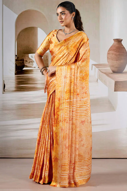 Attractive Yellow Digital Printed Satin Silk Saree With Divine Blouse Piece