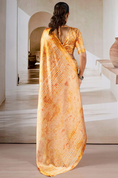 Attractive Yellow Digital Printed Satin Silk Saree With Divine Blouse Piece