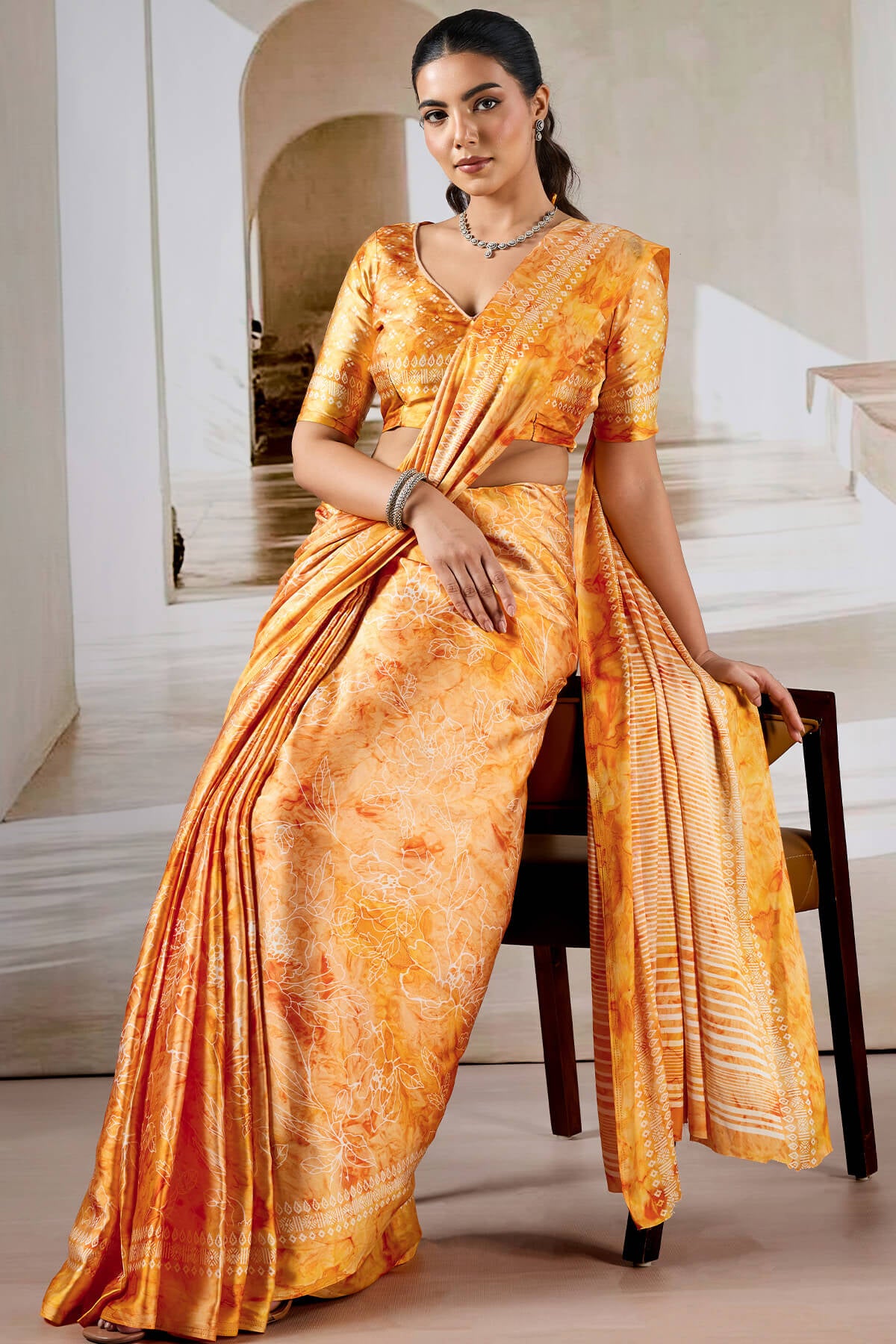 Attractive Yellow Digital Printed Satin Silk Saree With Divine Blouse Piece