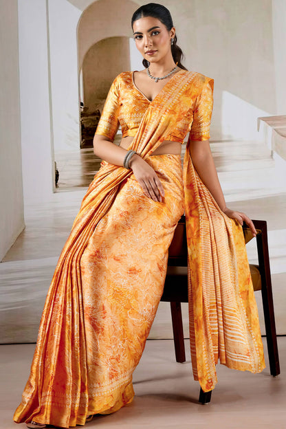 Attractive Yellow Digital Printed Satin Silk Saree With Divine Blouse Piece